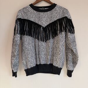 Vintage 80s 90s Leopard Fringe Sweatshirt USA Made Western Boho L
